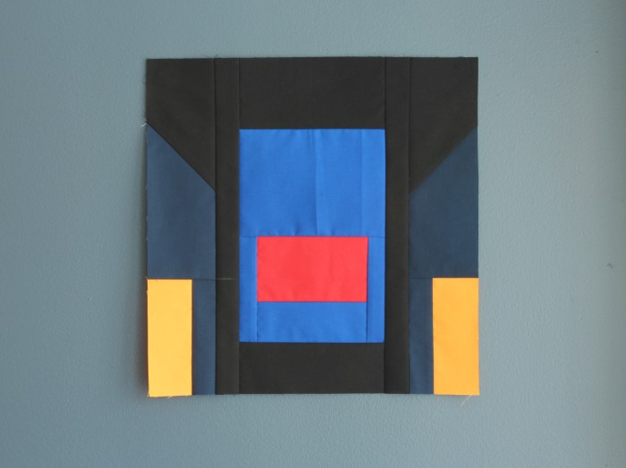 Finished quilt block that resembles the sweater Reggie Watts wore on Season 4 Episode 17