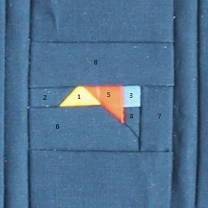 Close up of the finished bird block, with numbers over the pieces