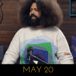 Image of Reggie Watts wearing a sweater that looks like a YouTube play button, on Comedy Bang! Bang!