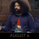 Image of Reggie Watts wearing a garden gnome on Comedy Bang! Bang!