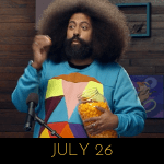 Image of Reggie Watts wearing a fake vest sweater on Comedy Bang! Bang!