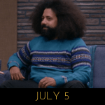 image of Reggie Watts wearing a blue skater sweater on Comdey Bang! Bang!